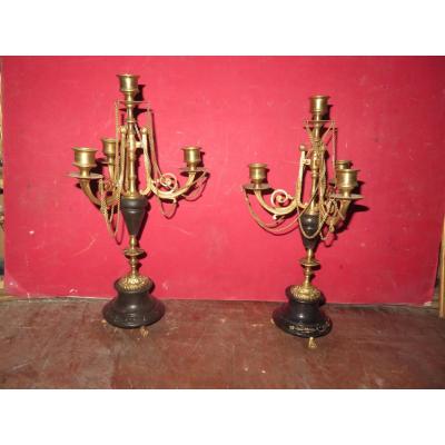 Pair Of Candlesticks In Bronze 4-light 19th Time.