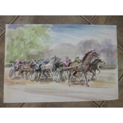 Course Hippique,  Aquarelle époque 20ème.