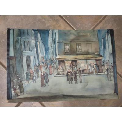 Scène De Rue, Aquarelle Signée Stannard, époque 20ème.