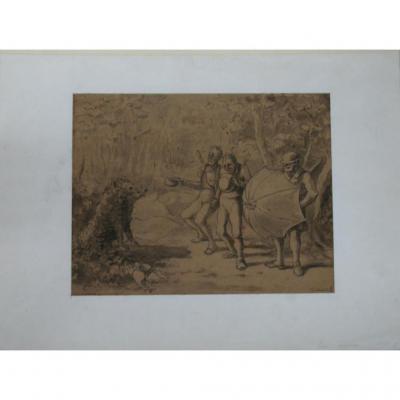 Un Dessin Au Lavis : Carricature De La Chasse, époque 19ème.