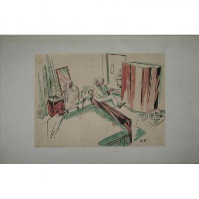 Dessin, Scène De Chambre, époque 20ème.