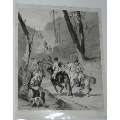 Lithograph, Courre Hunting Scene, 19th.