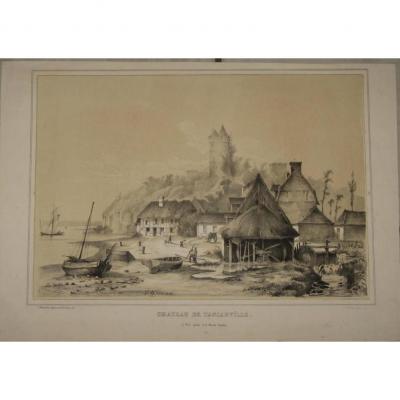Chateau De Tancarville, Lithographie Sépia Et Blanc, époque 19ème.