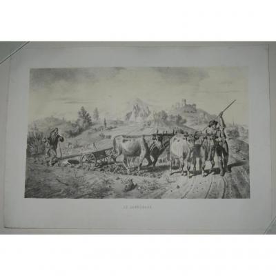 Landscape, "plowing", Lithograph 19th Time.