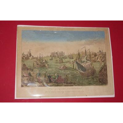 "Combat Naval " ,  Vue d'Optique époque 18ème.