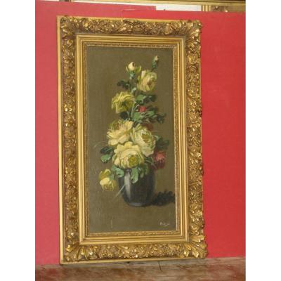 Bouquet Of Flowers, Oil Painting On Wood Late 19th Time.