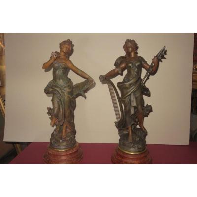 La " Mélodie " et la " Pensée ",paire de statues en régule, signée  Moreau,  époque fin 19ème.