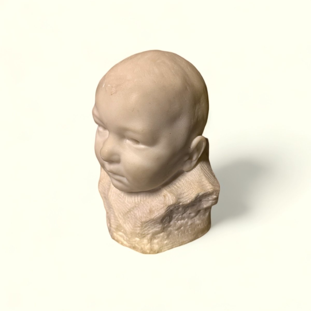 Child's Head In Carrara Marble Signed Y. Lemeur-photo-3