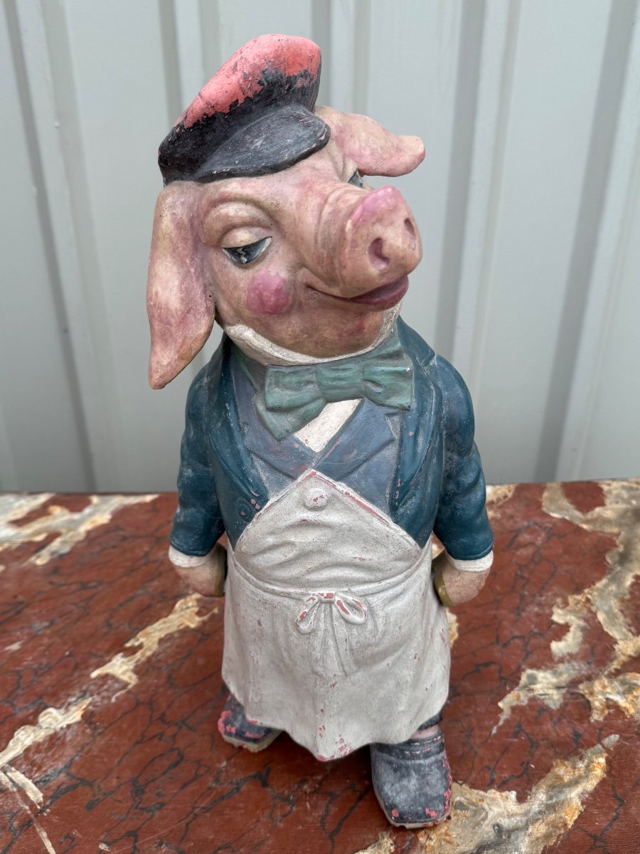 Antique Painted Terracotta Advertising Pig Circa 1930