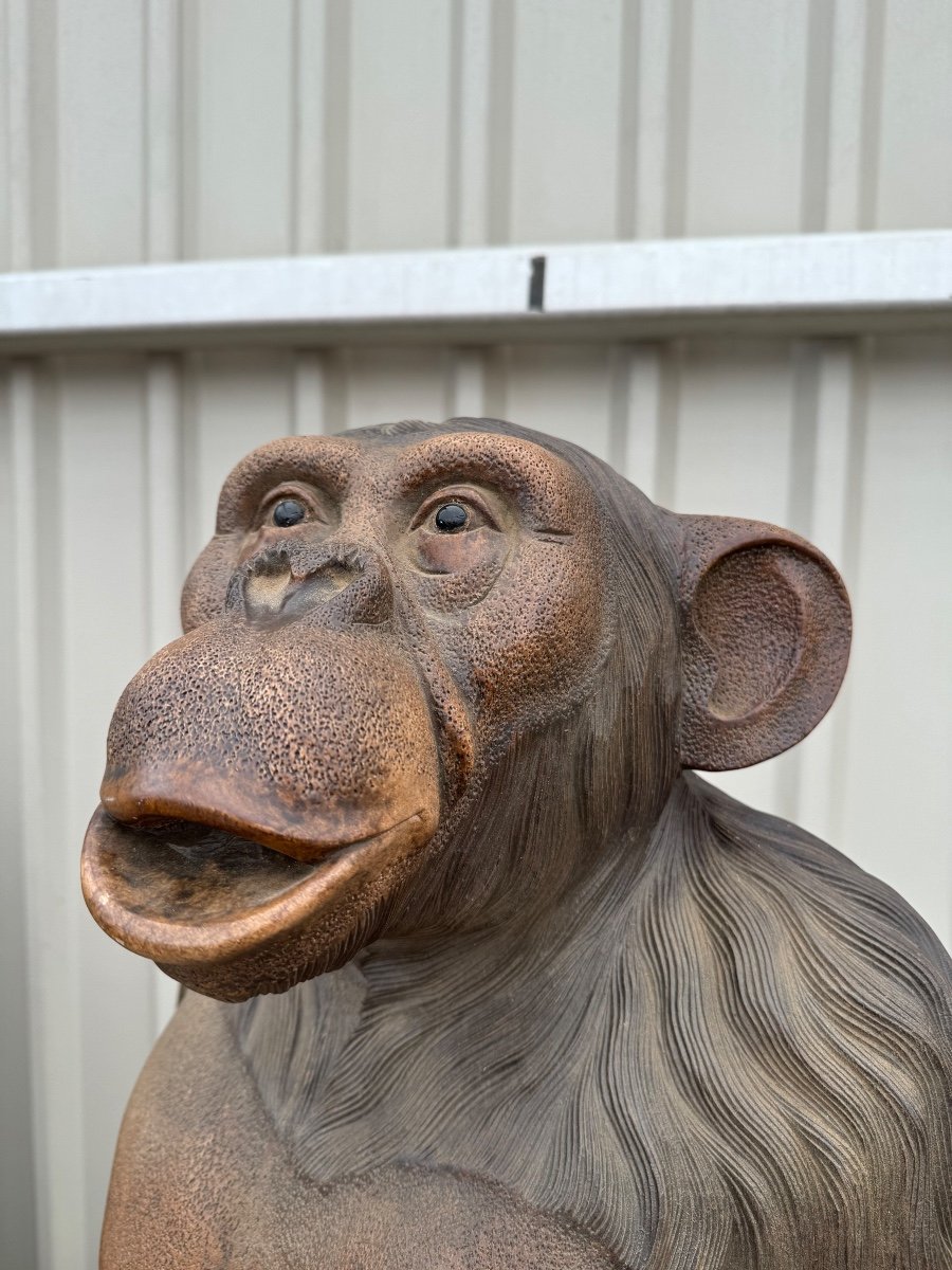 Sculpture En Bois Chimpanzé Grandeur Nature Yeux En Sulfure -photo-3