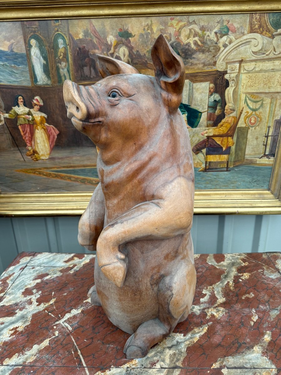 Cochon humanisé Mascotte De Magasin De Charcuterie En Bois Sculpté-photo-2