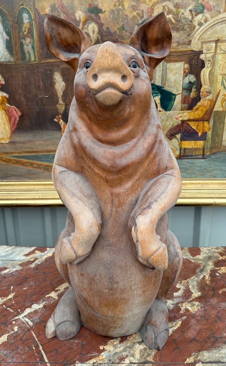 Cochon humanisé Mascotte De Magasin De Charcuterie En Bois Sculpté