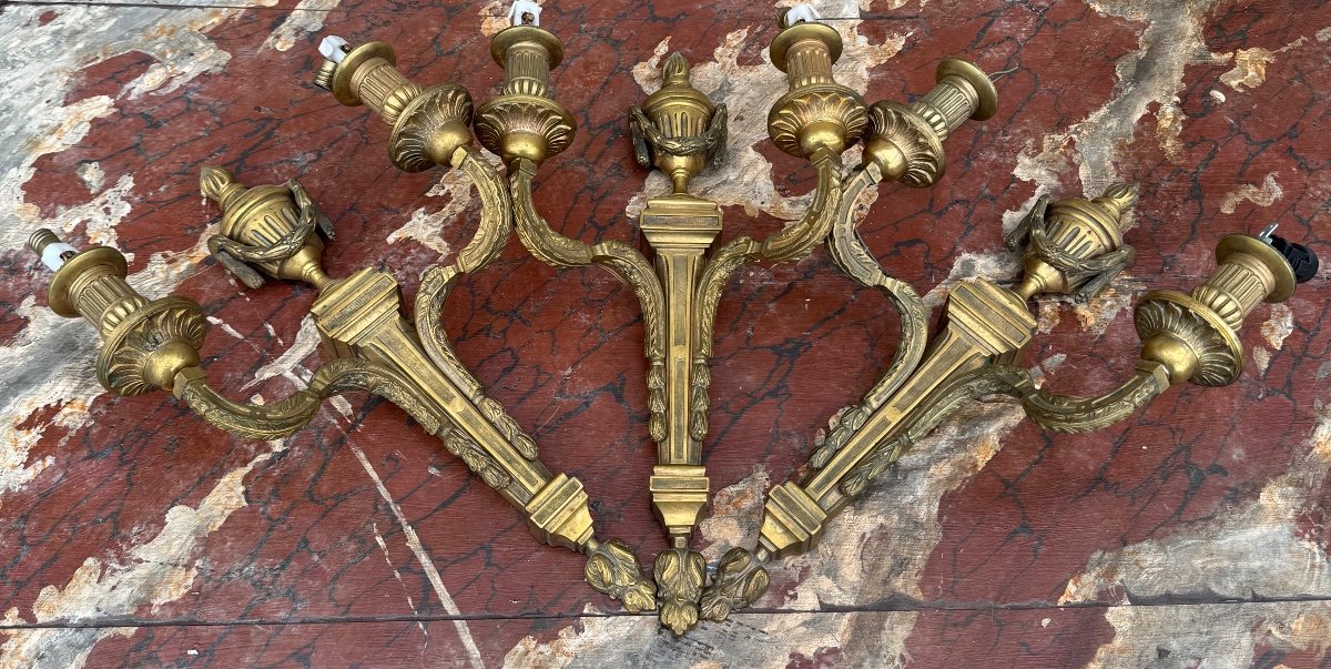 3 Louis XVI Bronze Wall Lights, 18th Century