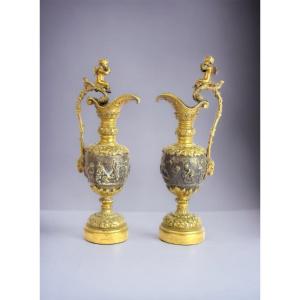 Pair Of Bronze Ewers With Double Patina
