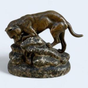 Bronze And Granite Sculpture “the Dog And The Hare” Signed C.masson