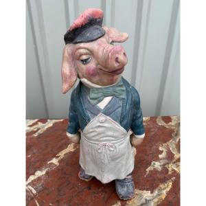 Antique Painted Terracotta Advertising Pig Circa 1930