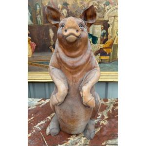 Cochon humanisé Mascotte De Magasin De Charcuterie En Bois Sculpté