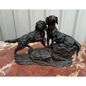 Groupe De Chien De Chasse En Bronze Signée René André Varnier