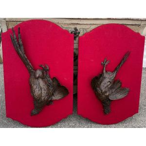 Pair Of Large Bronze Hunting Trophies Signed Housseau