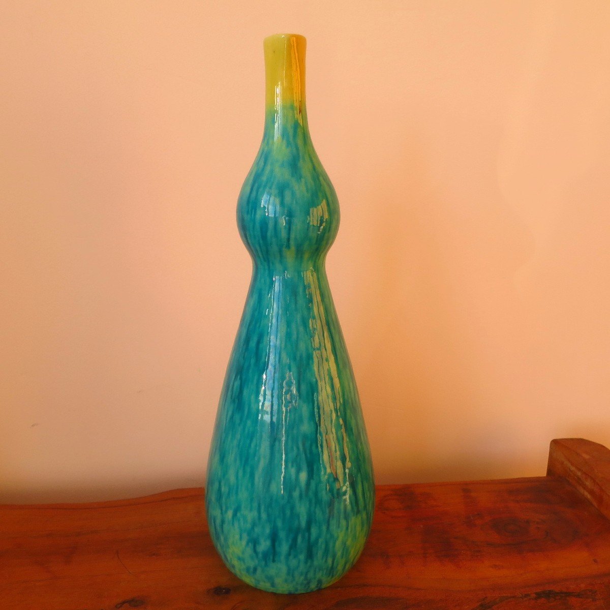 Turquoise Blue And Yellow Accolay Pitcher Vase Circa 1950-photo-3