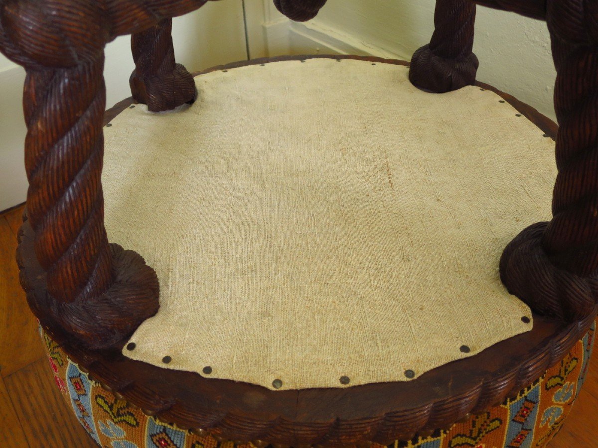 Napoleon III Pouf Stool Decorated With Rope And Tapestry-photo-2