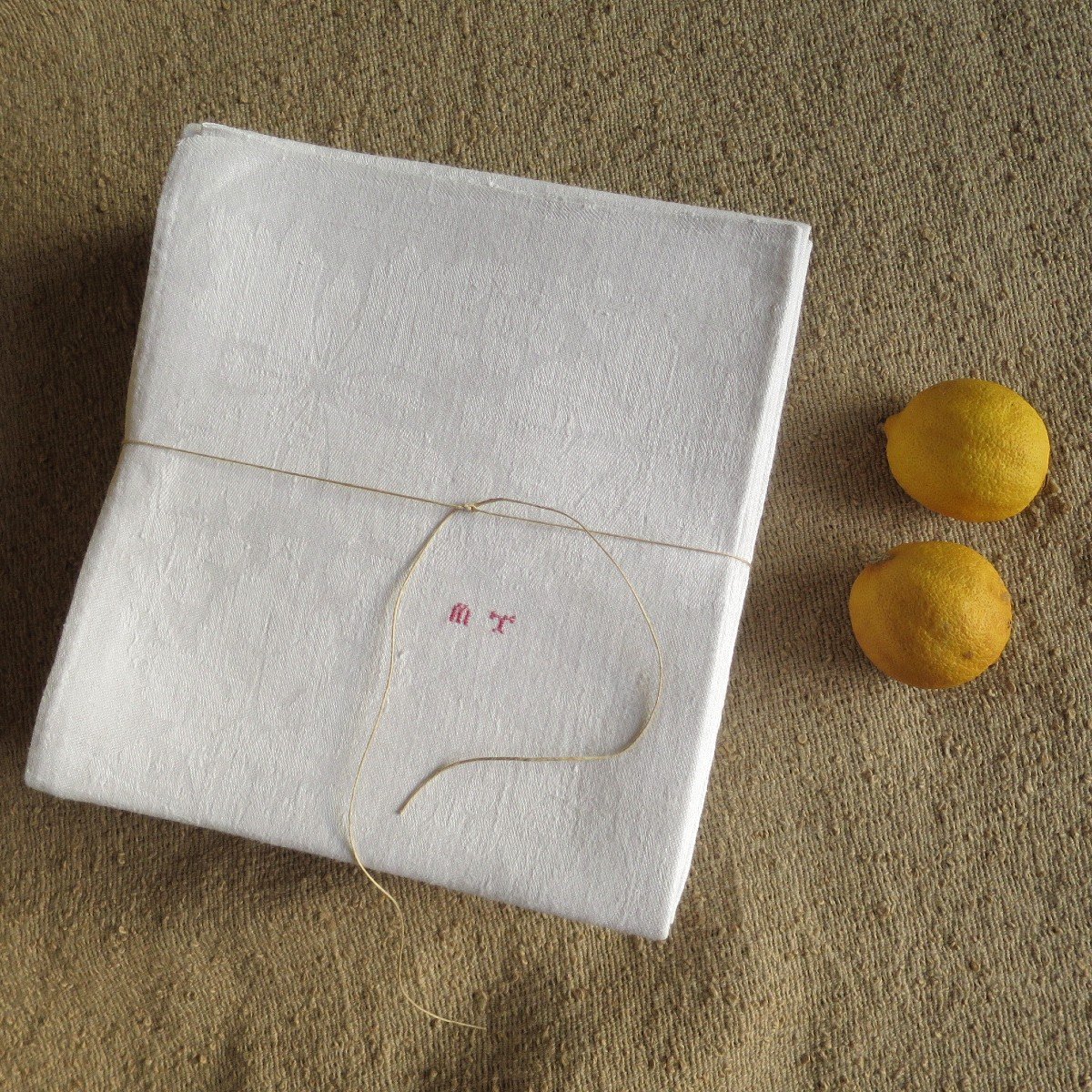 8 Old Damask Linen Napkins With Grape Decor, Late 19th Century-photo-2