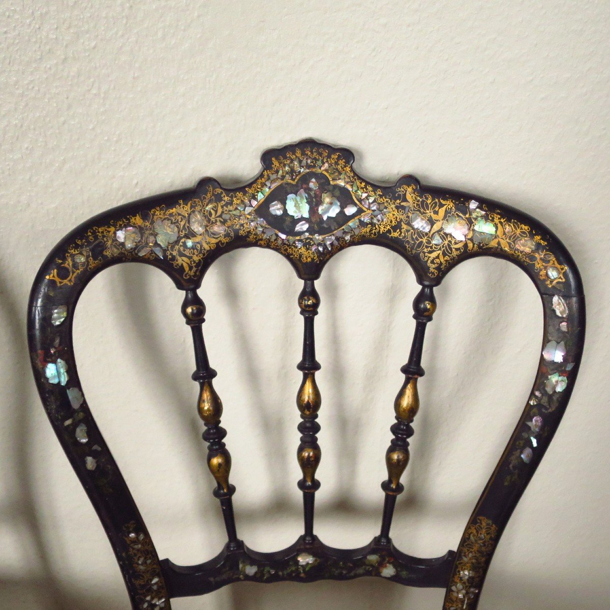 Pair Of Napoleon III Chairs, In Blackened Wood And Mother-of-pearl Inlays-photo-2