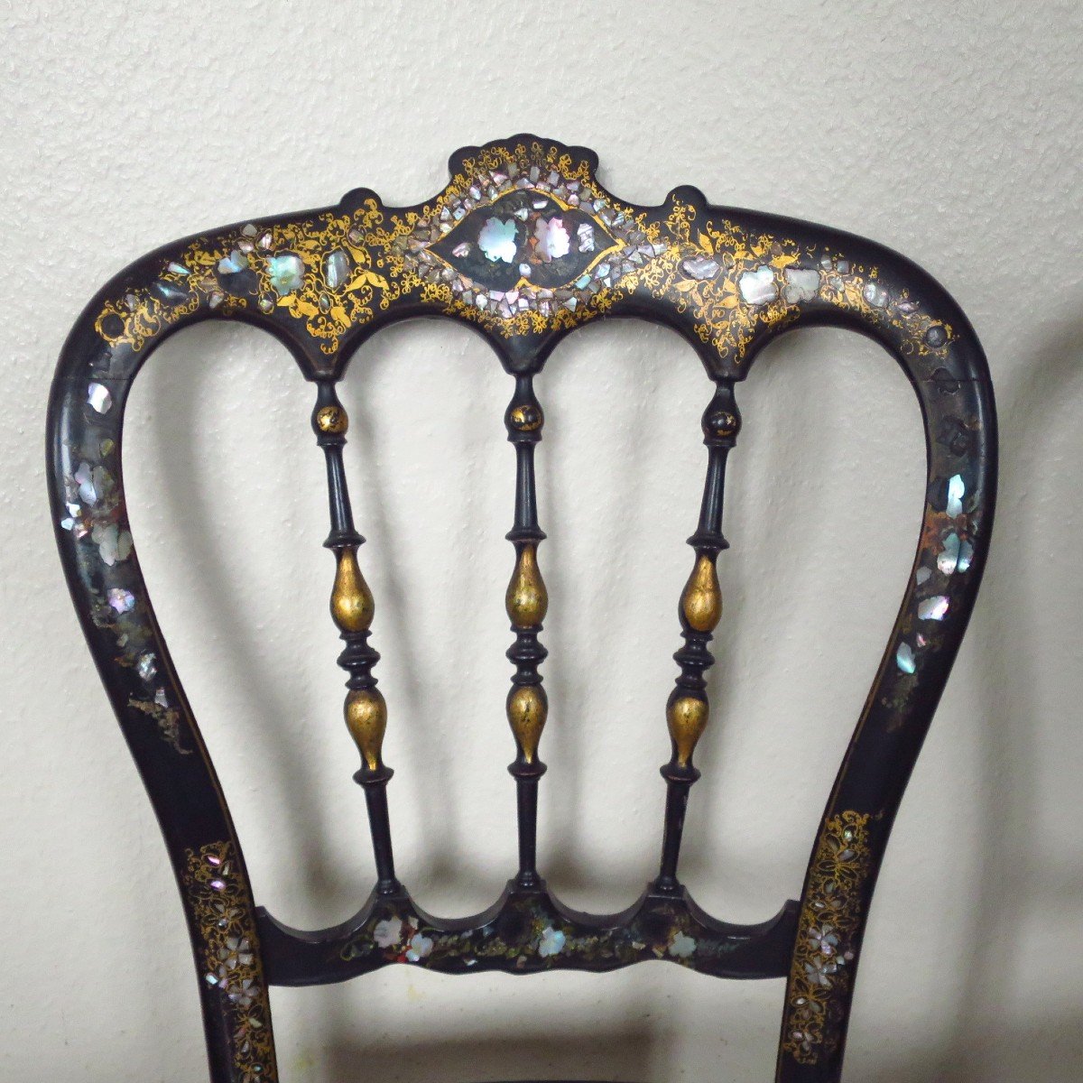 Pair Of Napoleon III Chairs, In Blackened Wood And Mother-of-pearl Inlays-photo-6