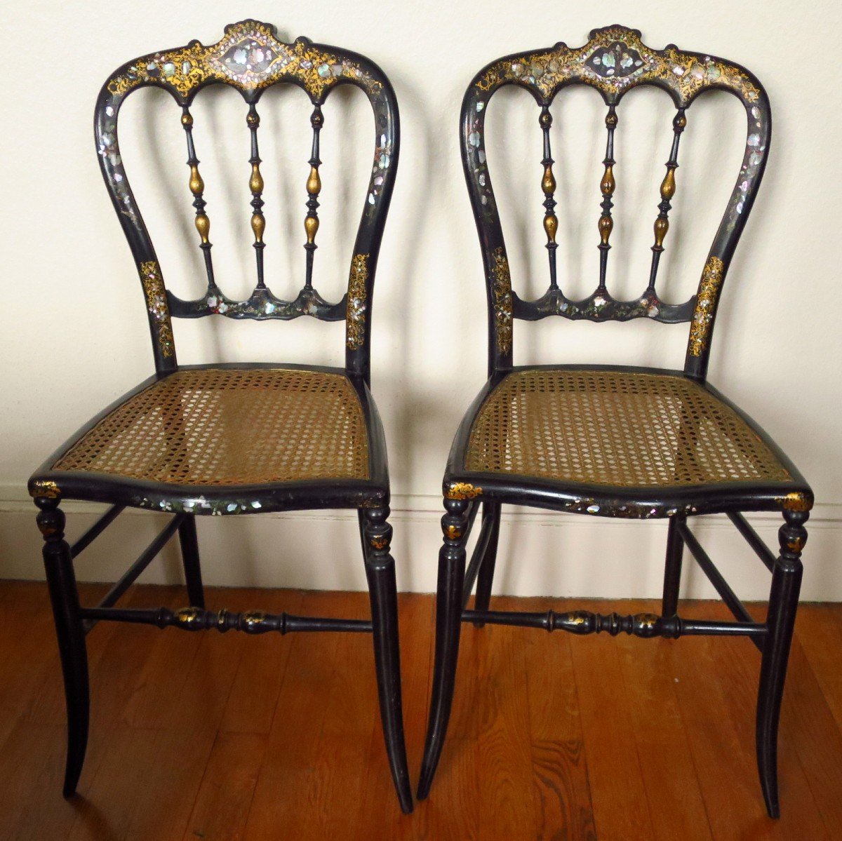 Pair Of Napoleon III Chairs, In Blackened Wood And Mother-of-pearl Inlays