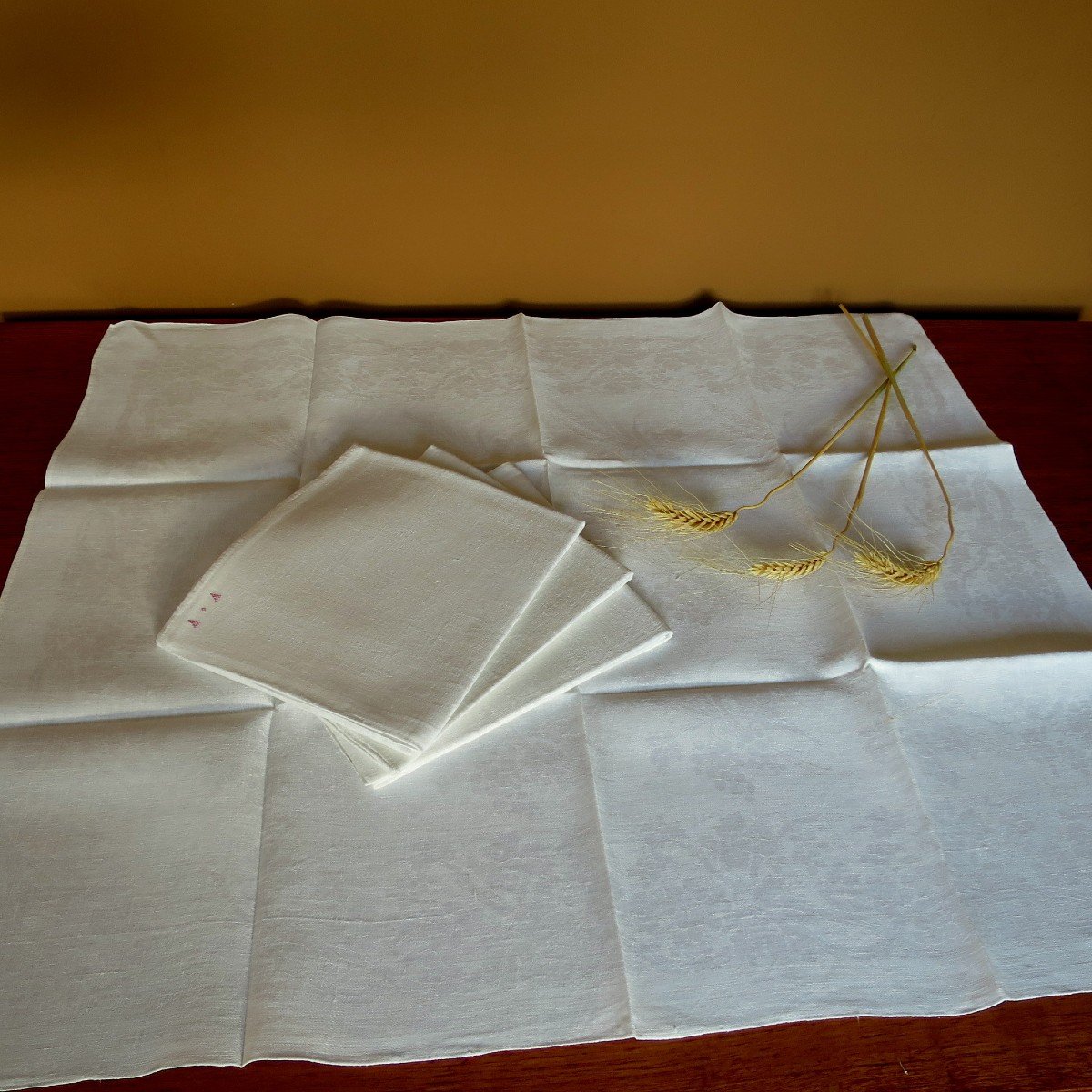 4 Old Monogrammed Damask Linen Napkins Late 19th Century