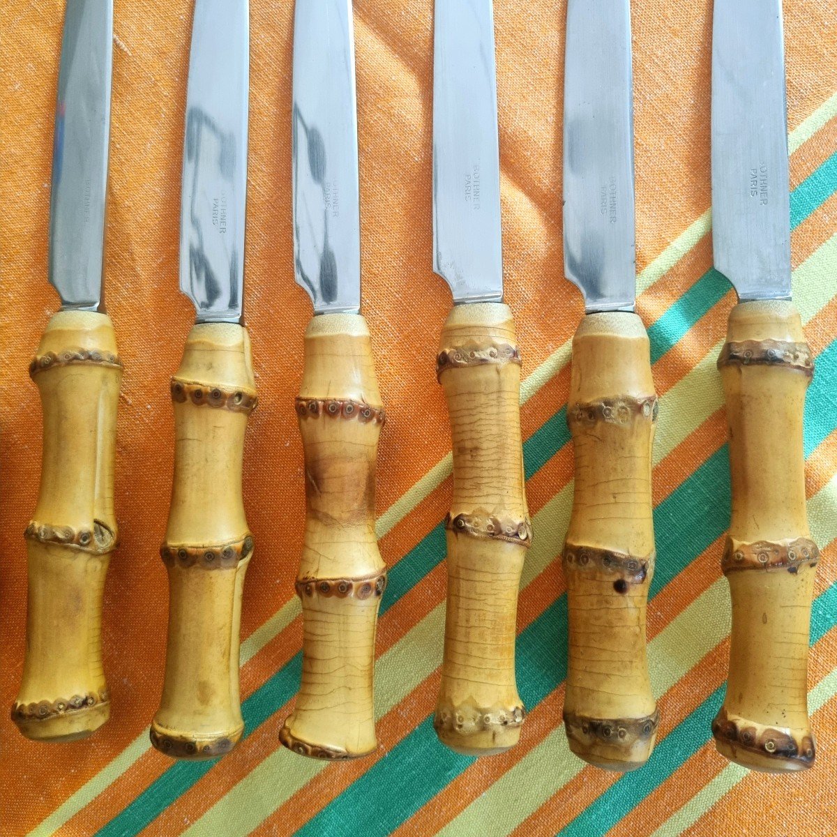 Series Of 10 Bamboo And Stainless Steel Knives Bothner Paris Circa 1960-photo-2