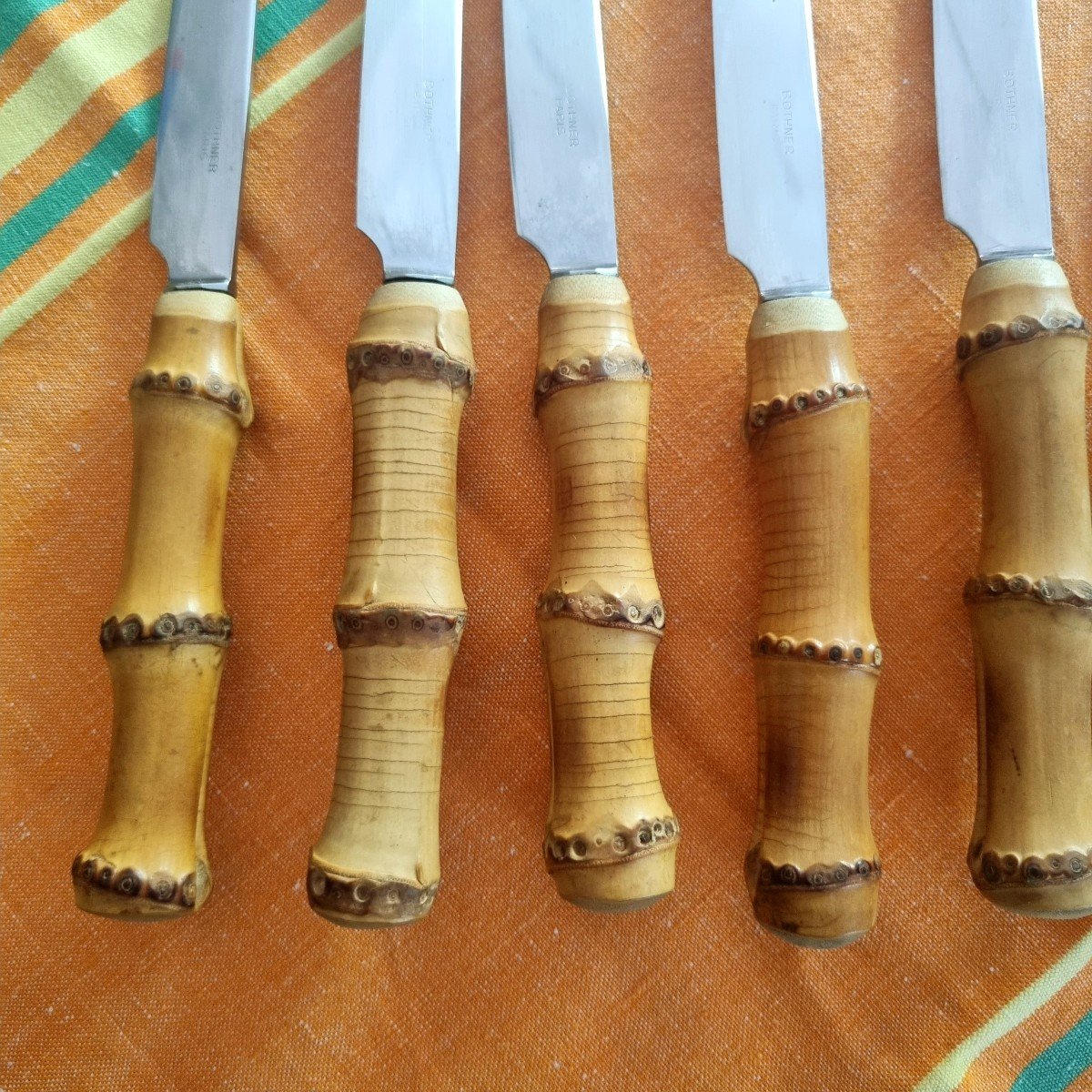 Series Of 10 Bamboo And Stainless Steel Knives Bothner Paris Circa 1960-photo-3