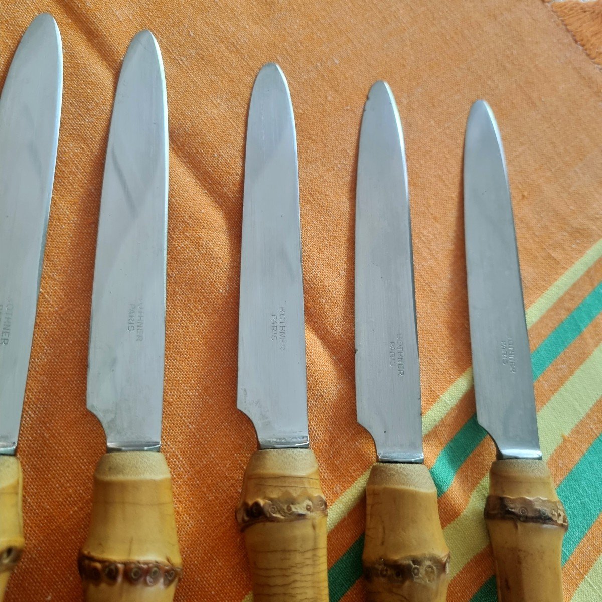 Series Of 10 Bamboo And Stainless Steel Knives Bothner Paris Circa 1960-photo-2