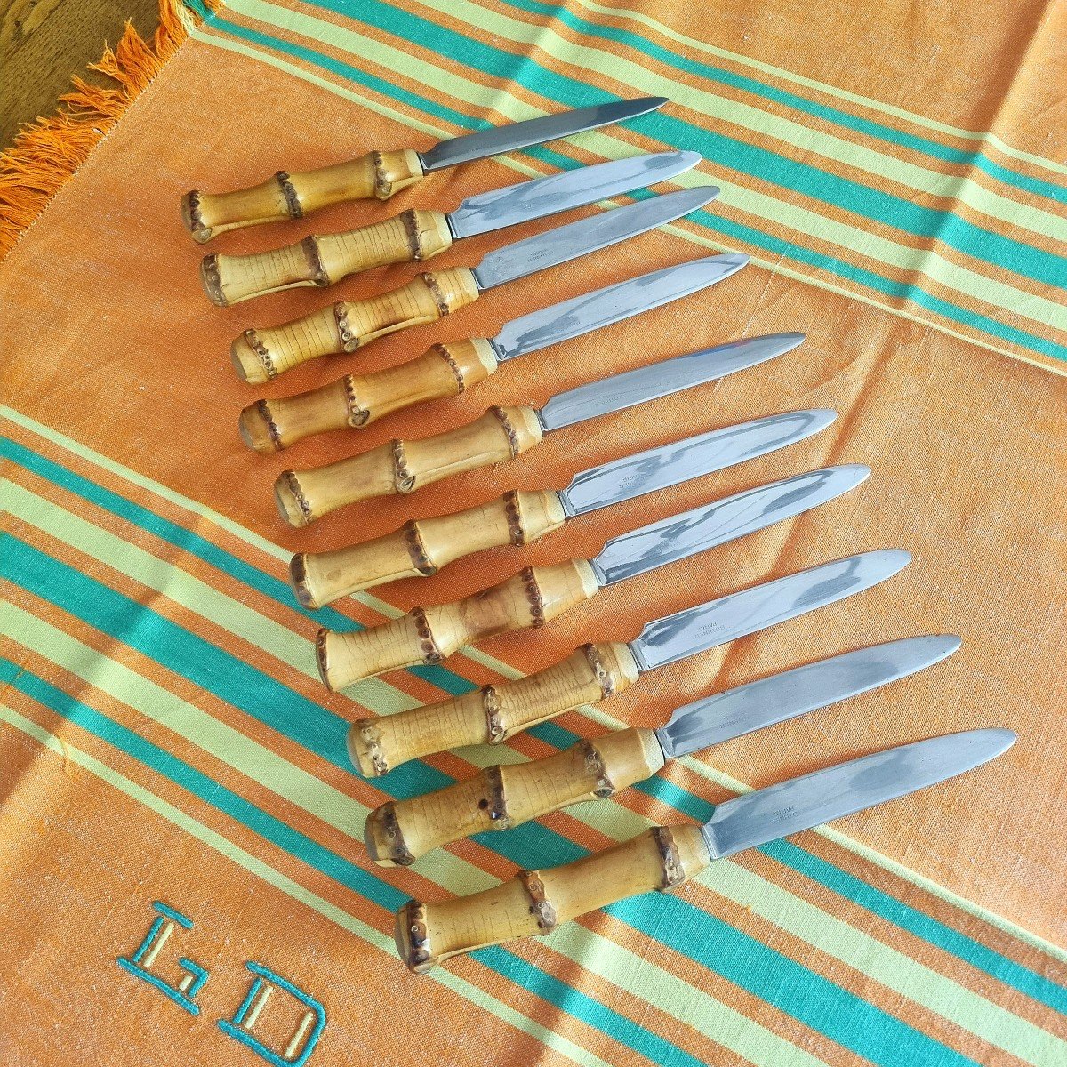 Series Of 10 Bamboo And Stainless Steel Knives Bothner Paris Circa 1960