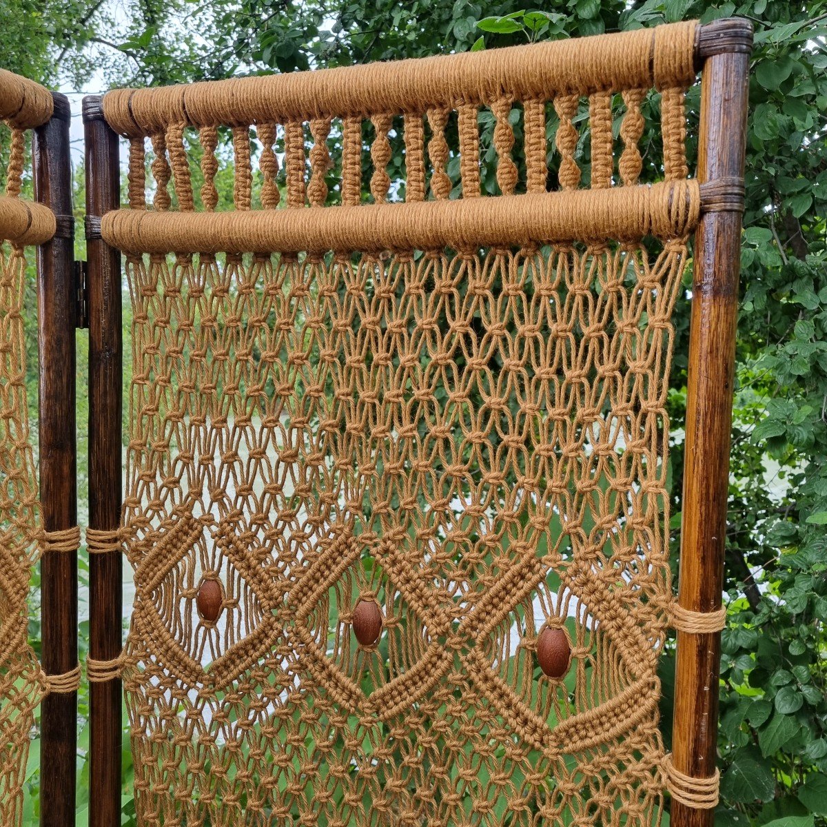 Macramé And Bamboo Screen Around 1970-photo-3