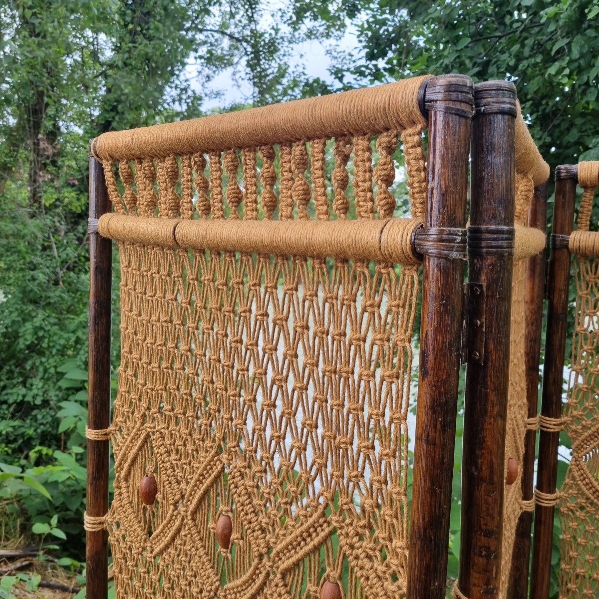 Macramé And Bamboo Screen Around 1970-photo-2