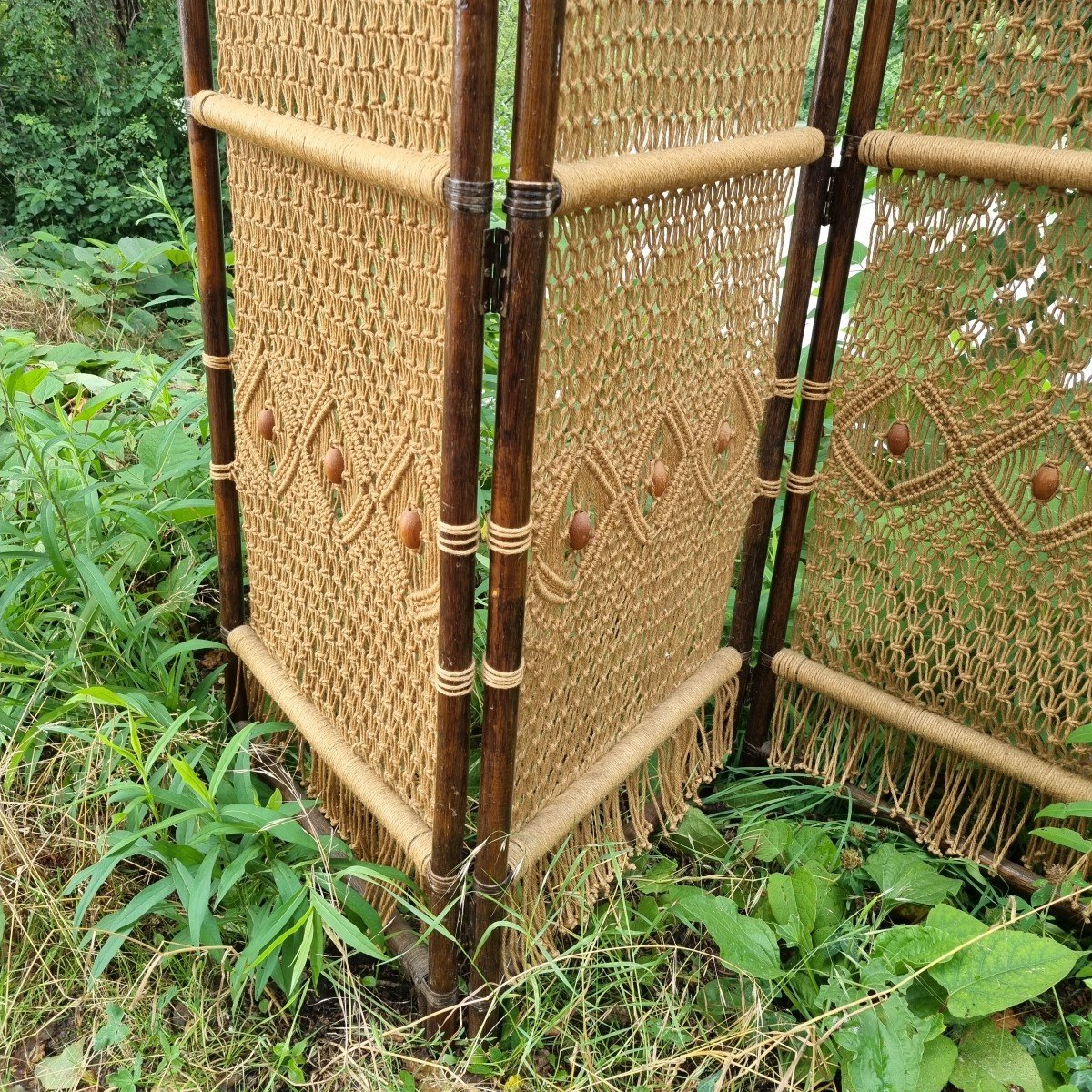 Macramé And Bamboo Screen Around 1970-photo-3