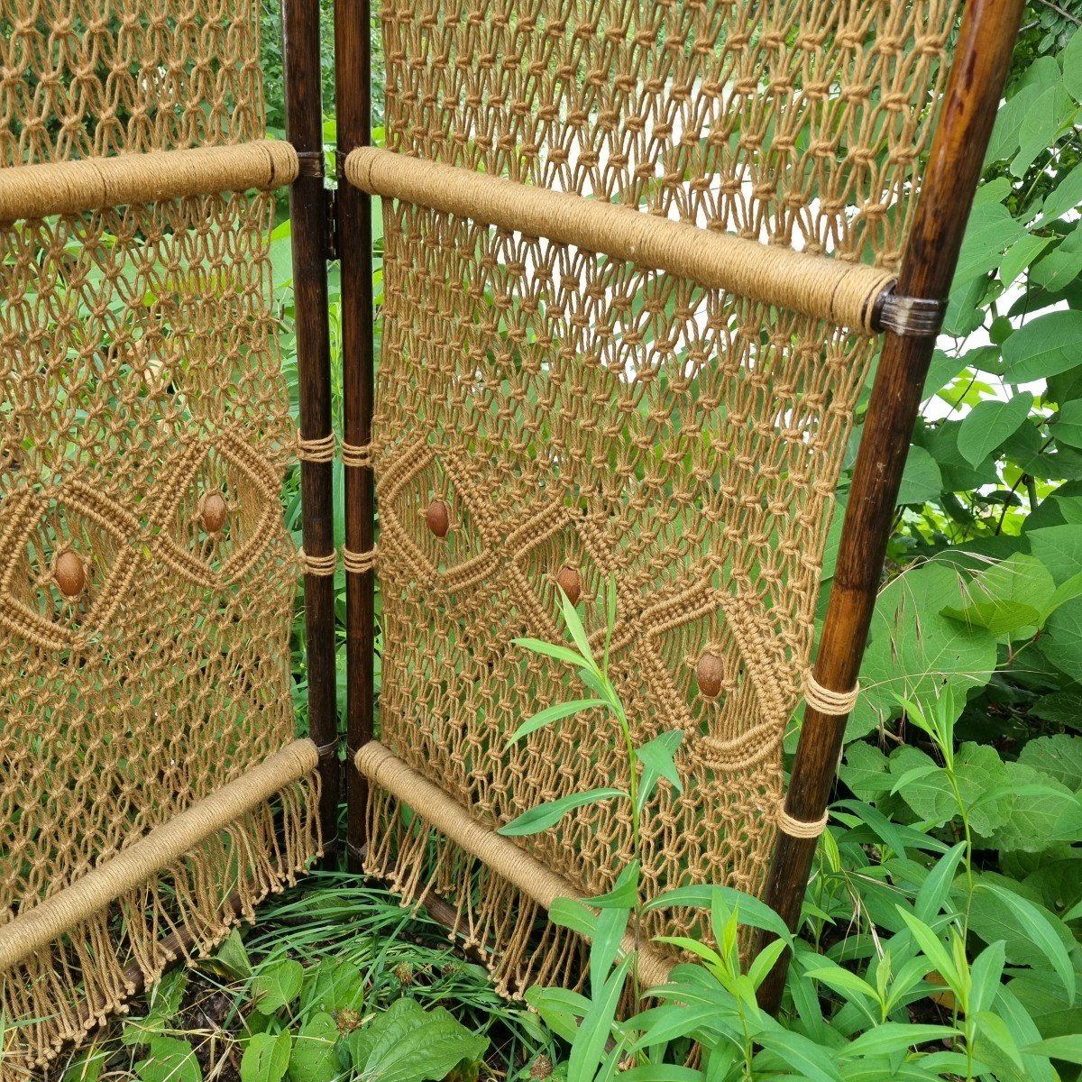 Macramé And Bamboo Screen Around 1970-photo-4