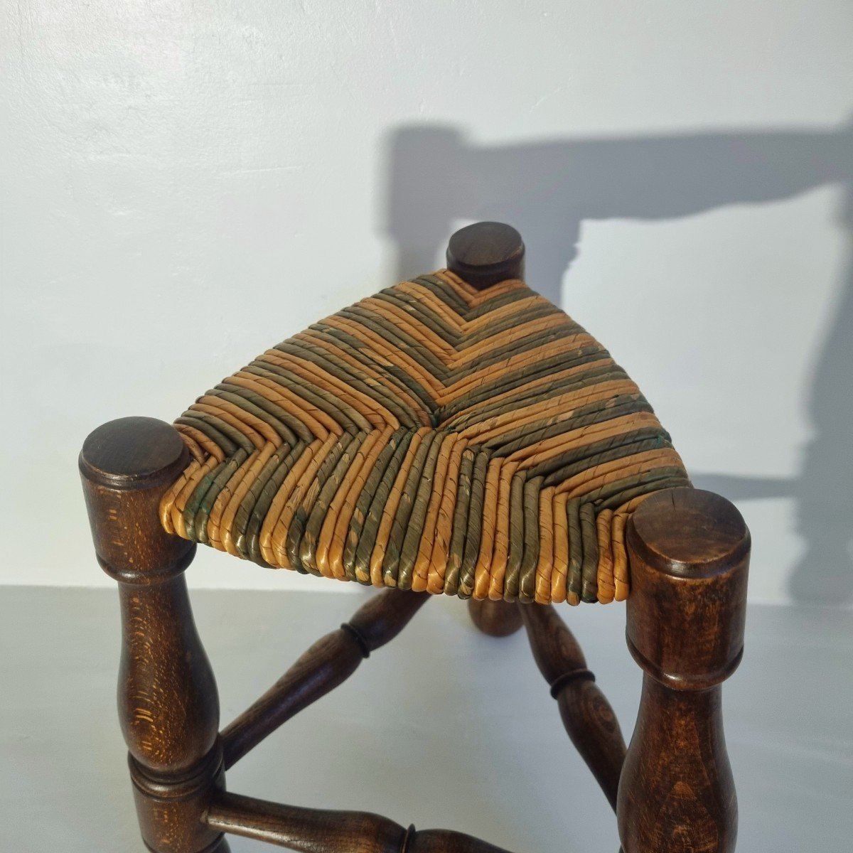 Wooden Tripod Straw Stool, 1950-photo-4