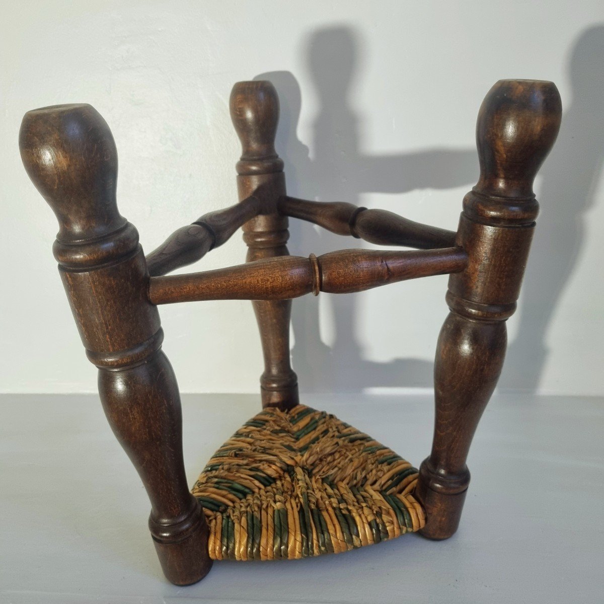 Wooden Tripod Straw Stool, 1950-photo-1