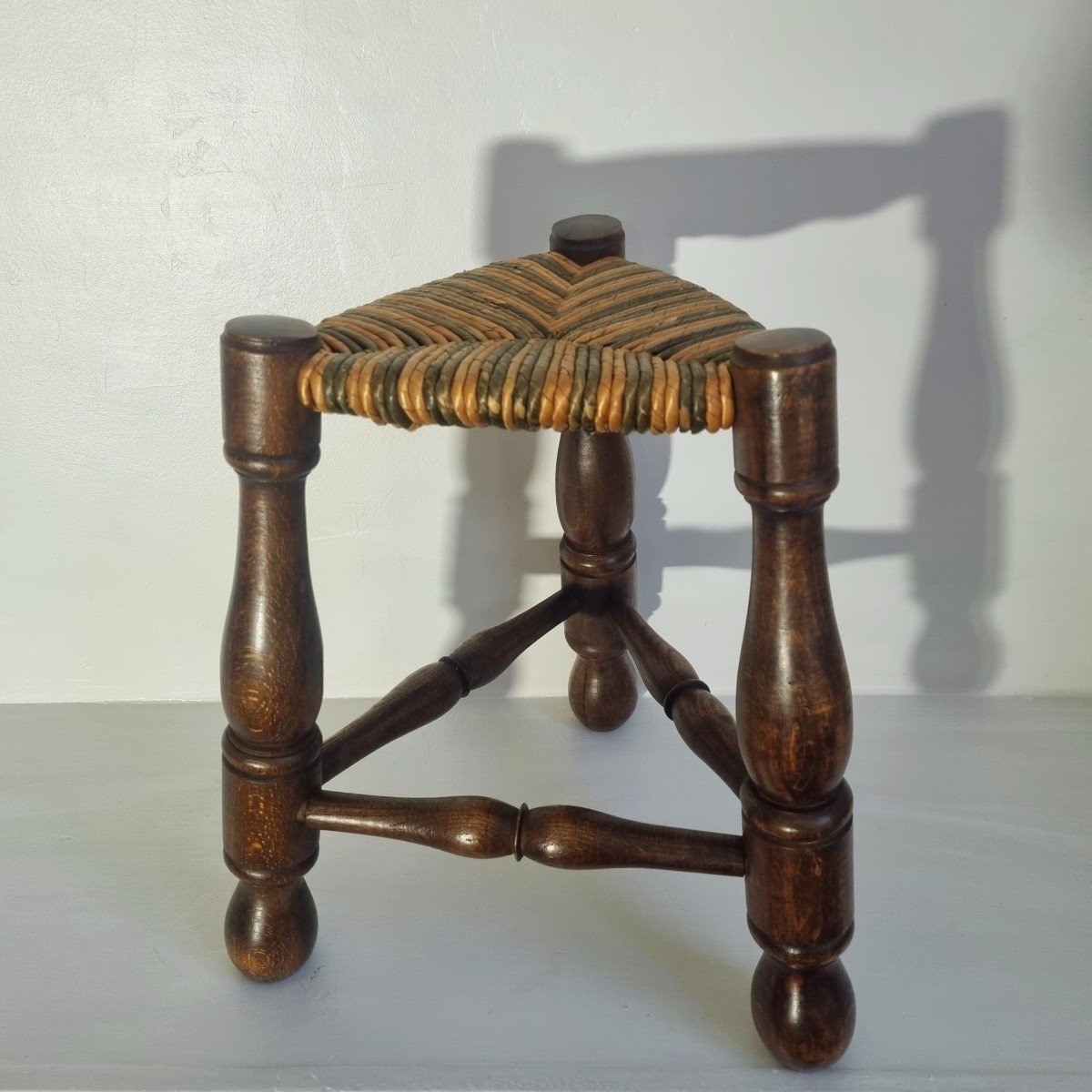 Wooden Tripod Straw Stool, 1950