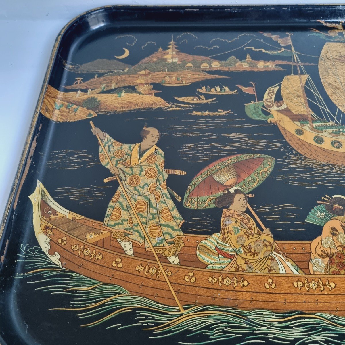 Napoleon III Paper Mache Tray Decorated With A Japanese Fishing Scene-photo-2