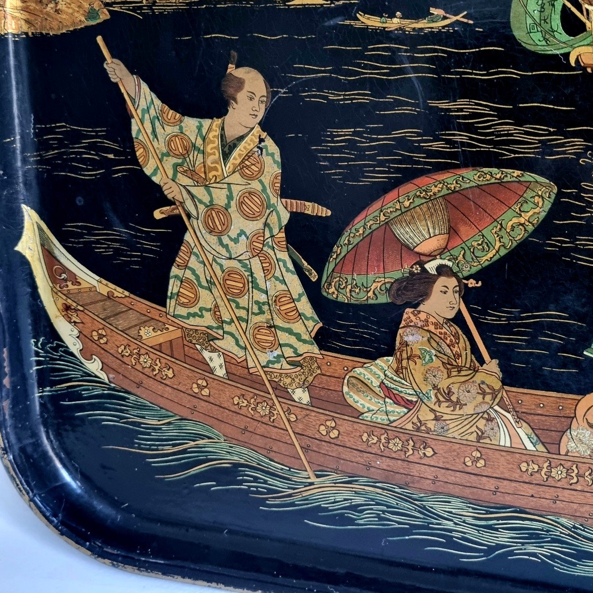 Napoleon III Paper Mache Tray Decorated With A Japanese Fishing Scene-photo-4