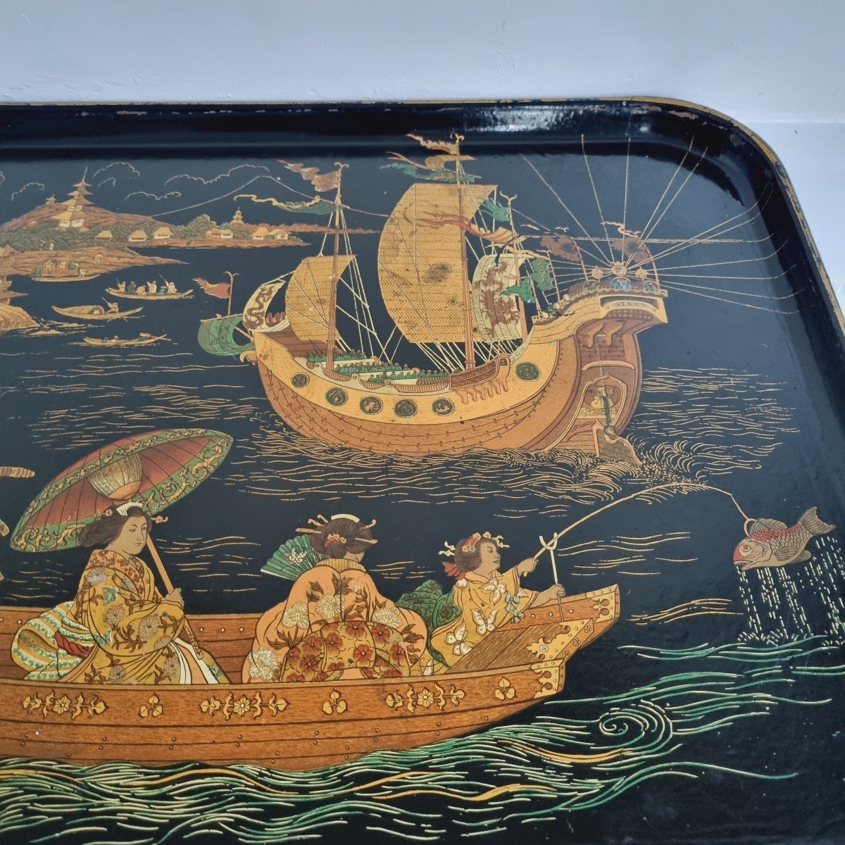 Napoleon III Paper Mache Tray Decorated With A Japanese Fishing Scene-photo-3