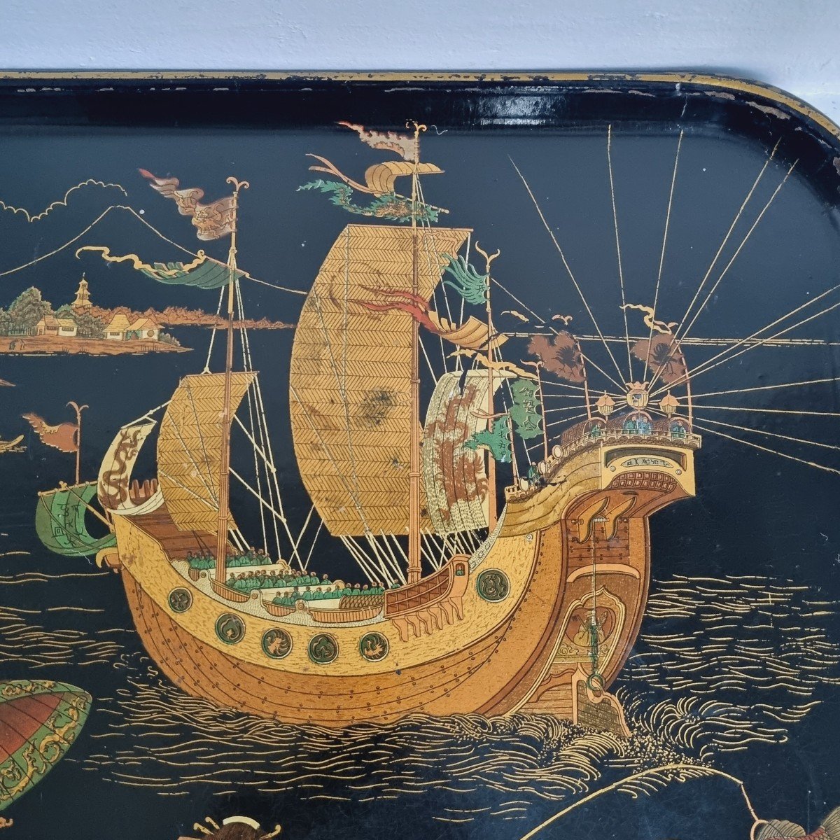 Napoleon III Paper Mache Tray Decorated With A Japanese Fishing Scene-photo-2