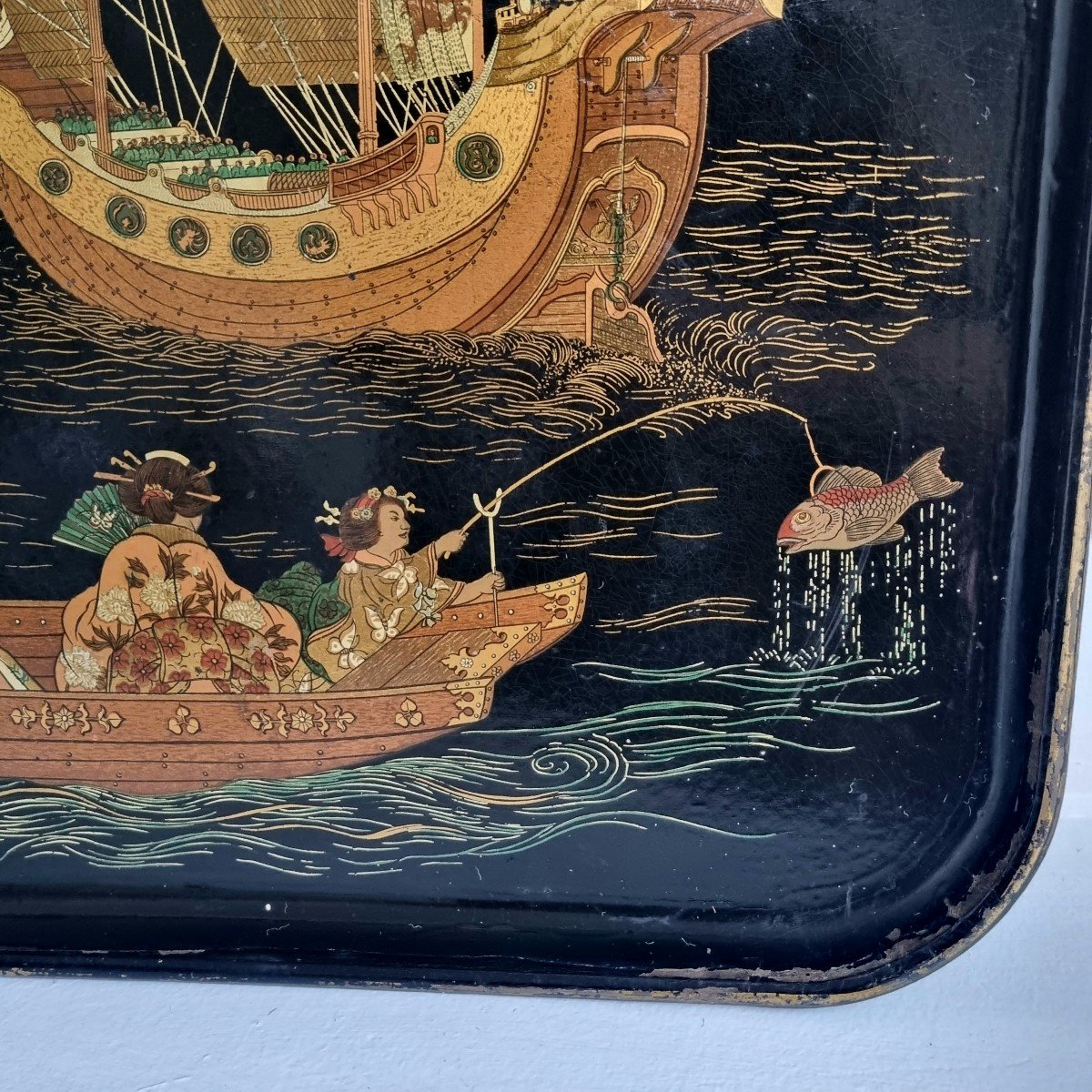 Napoleon III Paper Mache Tray Decorated With A Japanese Fishing Scene-photo-3