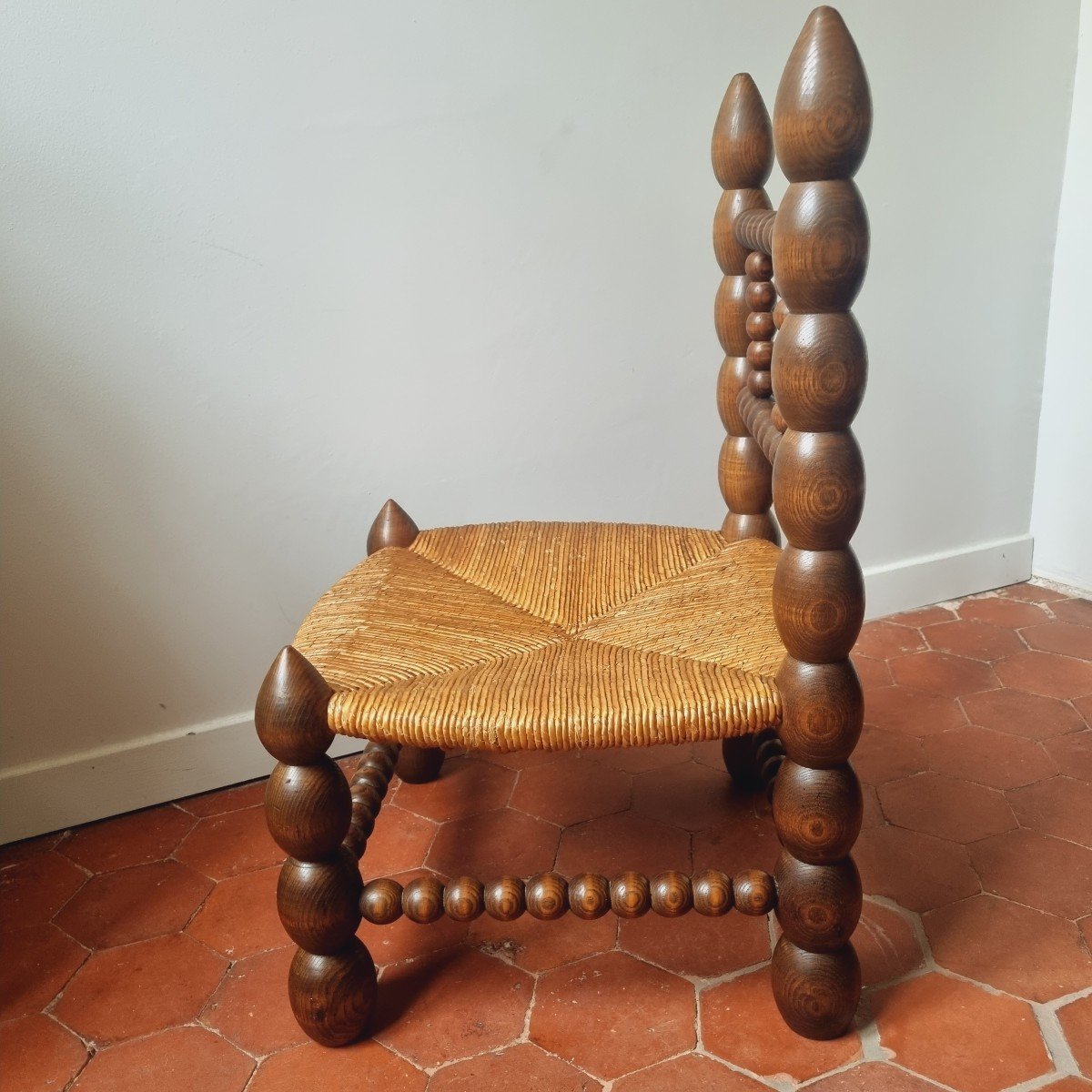 Chaise paillée de cheminée en bois tourné, circa 1950-photo-2