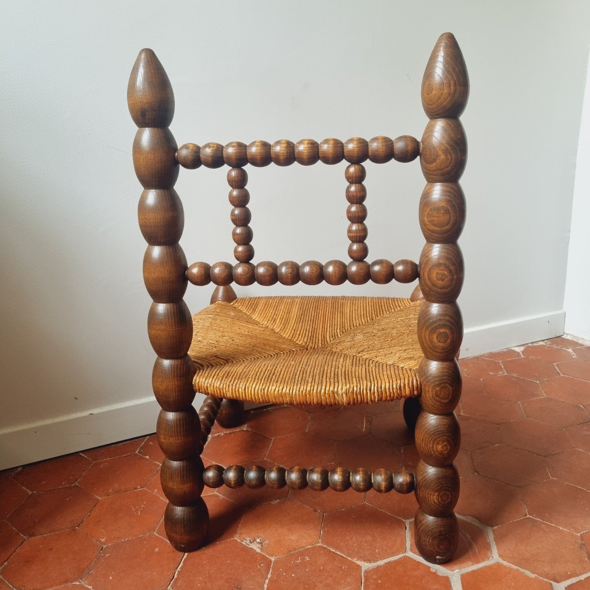 Chaise paillée de cheminée en bois tourné, circa 1950-photo-4