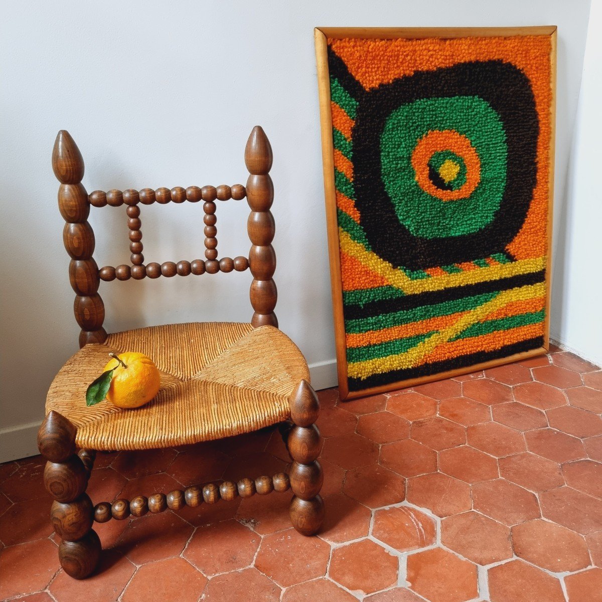 Chaise paillée de cheminée en bois tourné, circa 1950-photo-4