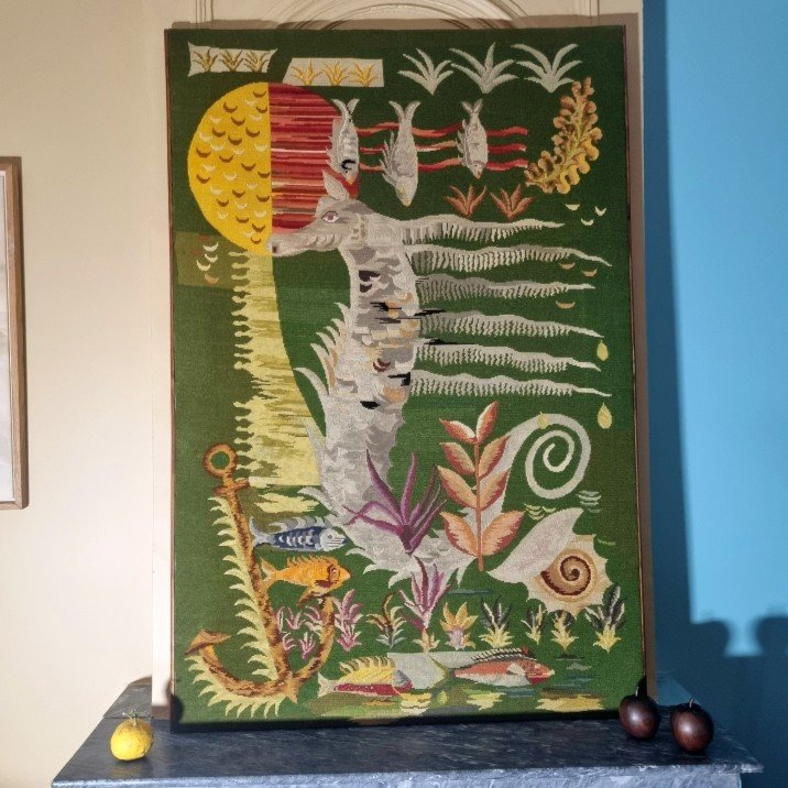 Seahorse Tapestry On Green Background, Circa 1950